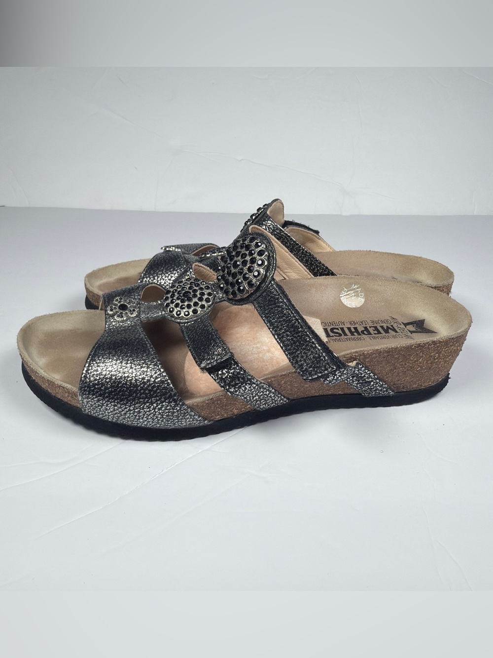 Mephisto Women's Pewter Metallic Studded Triple-Strap Sandals